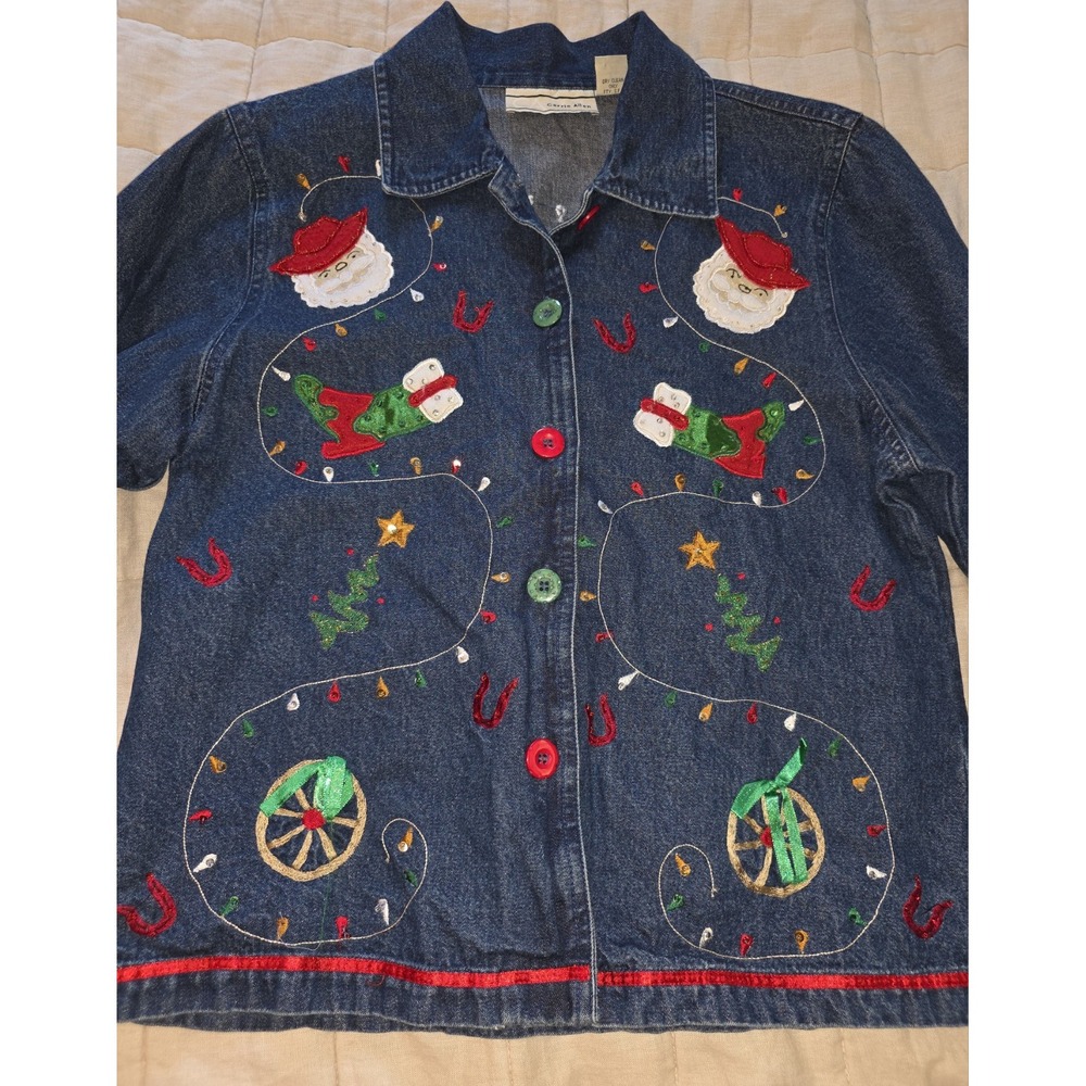 Vintage Western Themed Santa Blue Jean Jacket M